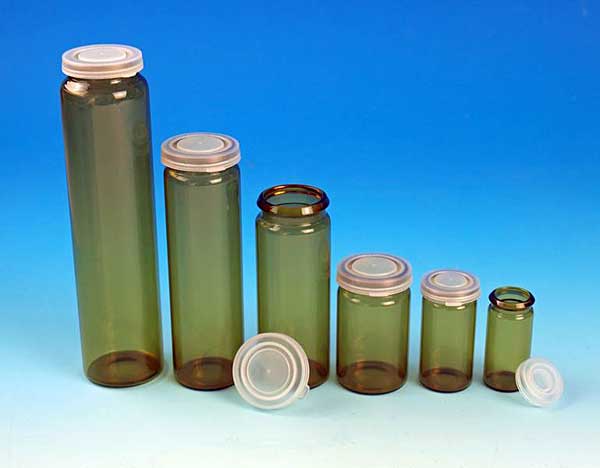 Rollrandglser  Braunglas mit Schnappdeckel aus Kunststoff<br>Laborbedarf, Laborglas, Rollrandglser
