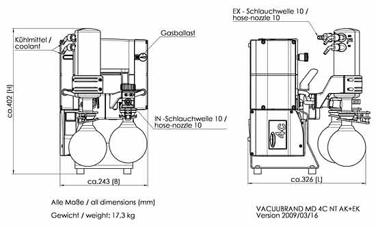 Chemie-Vakuumsystem MD 4C NT +AK+EK mit saugseitigem Abscheider (AK) und druckseitigem Emissionskondensator (EK), Max. Saugvermgen bei 50/60 Hz 3.4 / 3.8 m3/h ,Endvakuum (abs.) 1.5 / 1.1mbar/torr , 230V , 50/60Hz<br>Chemistry vacuum system MD 4C NT +AK+EK with separator at the inlet (AK) and waste vapor condenser at the outlet (EK) , Max. pumping speed at 50/60 Hz 3.4 / 3.8 m3/h , Ultimate vacuum (abs.) 1.5 / 1.1 mbar/torr<br>Laborbedarf, Pumpen, Membranpumpen