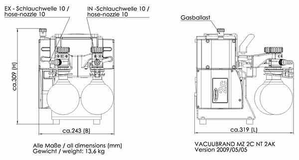 Chemie-Vakuumsystem MZ 2C NT +2AK (Abscheider druck- und saugseitig), Max. Saugvermgen bei 50/60 Hz 2.0 / 2.3 m3/h , Endvakuum (abs.)  7 / 5mbar/torr <br>Chemistry vacuum system MZ 2C NT +2AK (separator at the inlet and outlet), Max. pumping speed at 50/60 Hz 2.0 / 2.3 m3/h, Ultimate vacuum (abs.) 7 / 5  mbar/torr <br>Laborbedarf, Pumpen, Membranpumpen