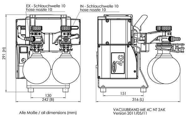 Chemie-Vakuumsystem ME 4C NT +2AK, Max. Saugvermgen bei 50/60 Hz 3.9 / 4.3 m3/h, Endvakuum (abs.) 70 / 52 mbar/torr, 230V 50/60Hz<br>Chemistry vacuum system ME 4C NT +2AK, Max. pumping speed at 50/60 Hz  3.9 / 4.3 m3/h, Ultimate vacuum (abs.) 70 / 52 bar/torr<br>Laborbedarf, Pumpen, Membranpumpen