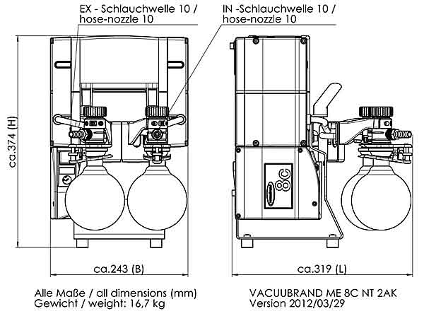 Chemie-Vakuumsystem ME 8C NT +2AK, Max. Saugvermgen bei 50/60 Hz 7.1 / 7.8 m3/h, Endvakuum (abs.) 70 / 52 mbar/torr, 230V 50/60Hz<br>Chemistry vacuum system ME 8C NT +2AK, Max. pumping speed at 50/60 Hz  7.1 / 7.8 m3/h, Ultimate vacuum (abs.) 70 / 52 bar/torr<br>Laborbedarf, Pumpen, Membranpumpen