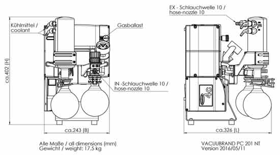 Chemie-Vakuumpumpstand PC 201 NT mit MD 4C NT, mit Manometer, manuellem Durchfluregelventil, saugseitigem Abscheider und druckseitigem Emissionskondensator,230 V/50-60 Hz, CEE Netzkabel,  Max. Saugvermgen bei 50/60 Hz 3.4 / 3.8 m3/h ,Endvakuum (abs.) 1.5 / 1.1 mbar/torr<br>Chemistry pumping unit PC 201 NT with MD 4C NT, manual flow control valve, analogue vacuum gauge, inlet catchpot and exhaust waste vapour condenser,230 V/50-60 Hz, CEE mains cable, Max. pumping speed at 50/60 Hz 3.4 / 3.8 m3/h , Ultimate vacuum (abs.) 1.5 / 1.1 mbar/torr<br>Laborbedarf, Pumpen, Membranpumpen