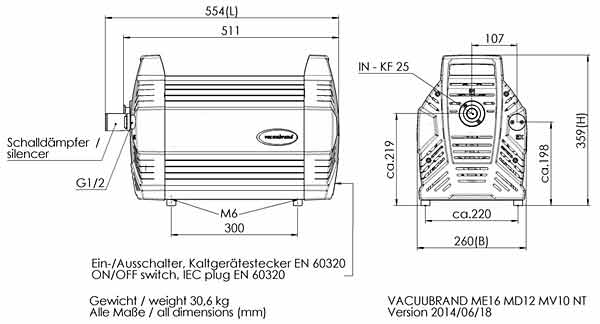 Vierstufige Membranpumpe MV 10 NT , Max. Saugvermgen 10.4 / 11.6m3/h, Endvakuum (abs.) 0.5 / 0.38mbar/ torr <br>Diaphragm pump MV 10 NT,four stage,  Max. pumping speed at 50/60 Hz 10.4 / 11.6 m3/h, Ultimate vacuum (abs.) 0.5 / 0.38mbar/torr <br>Laborbedarf, Pumpen, Membranpumpen