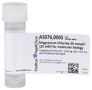 Magnesiumchlorid - Lsung (25 mM) fr die Molekularbiologie, Menge: 5ml</p>Magnesium Chloride 25 mmol/l (25 mM) for molecular biology</p>Laborbedarf,Biochemikalien,Fertiglsungen,Magnesiumchlorid-Lsung